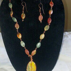 25" beaded necklace and earring set with copper wire wrapped pendant of jasper